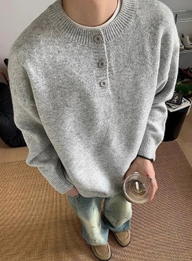 灰色美式亨利领毛衣男款秋冬高级感慵懒风打底针织衫cleanfit内搭