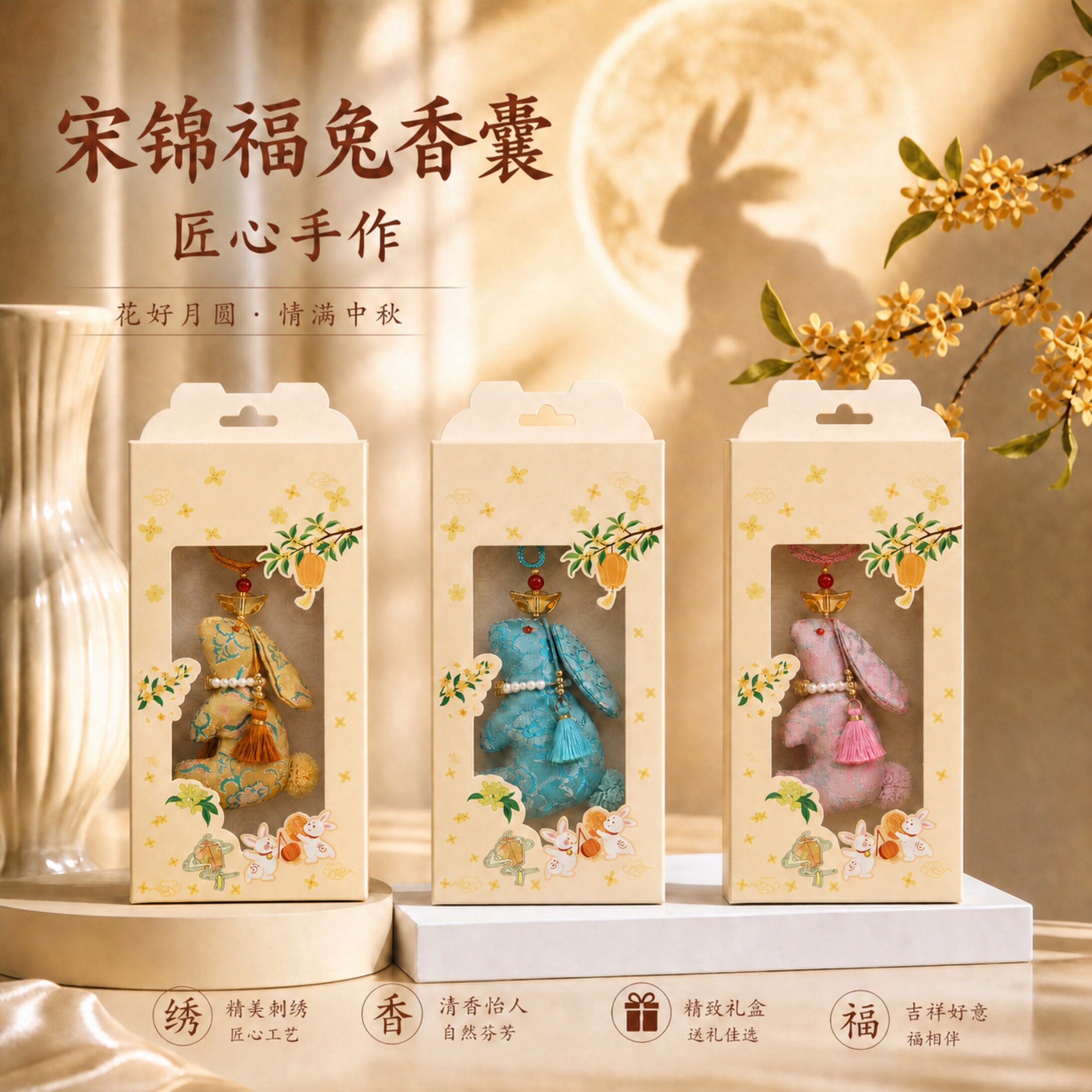 复古宋锦香囊可爱兔形挂坠中秋节