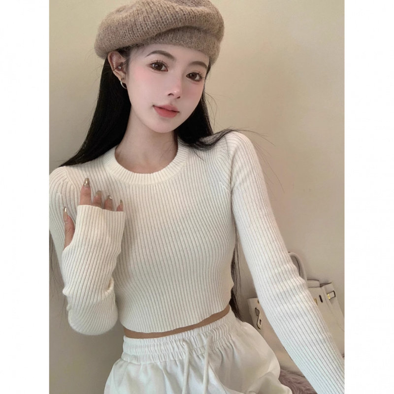 黑色长袖短款毛衣针织衫女2025秋冬新款修身打底内搭辣妹上衣