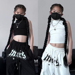 女童美式短款背心半高领漏肚脐内搭打底辣妹无袖外穿白色工字吊带