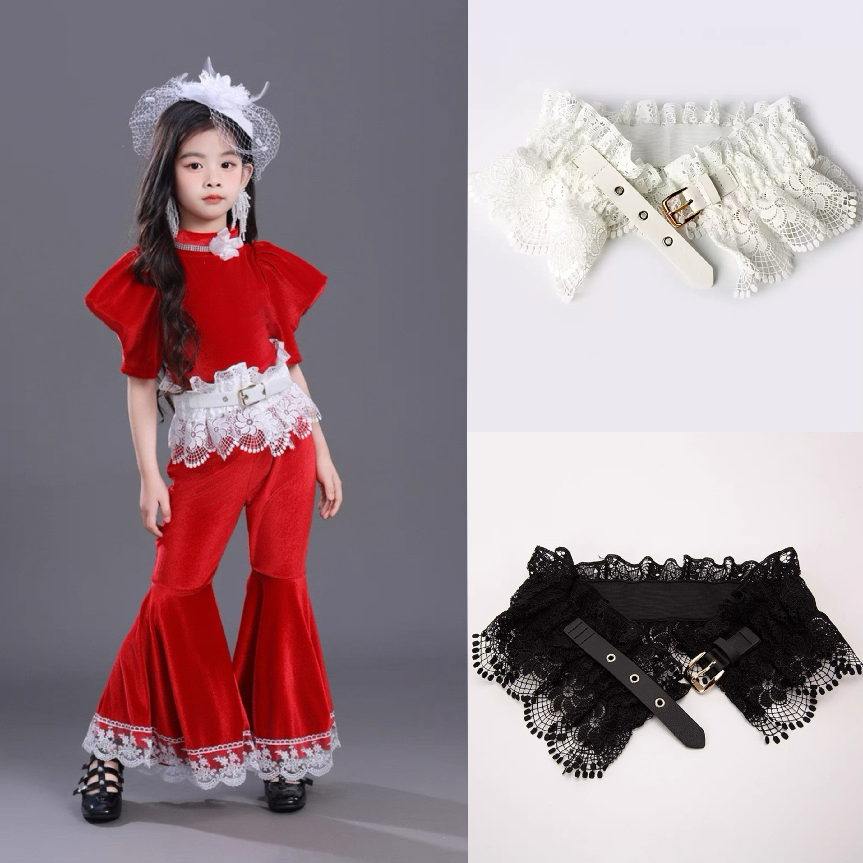 女童蕾丝腰封时尚T台走秀外穿宽腰带衬衫连衣裙弹力束腰花边屁帘