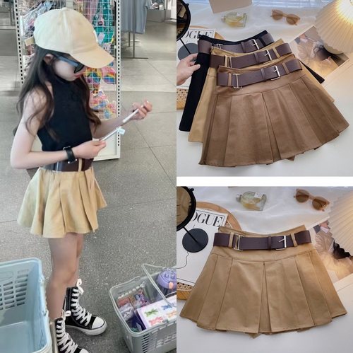 女童百褶半身裙2025夏季新款韩版纯色百搭松紧高腰A字伞裙配腰带
