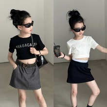 美式复古黑色烫钻正肩短袖t恤女童夏季修身短款露脐甜辣妹上衣潮