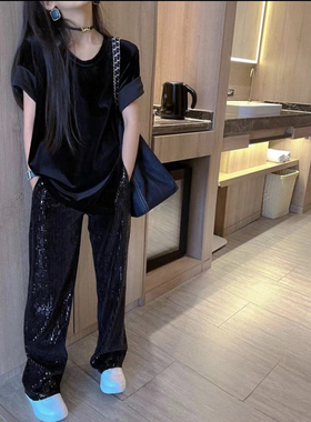 女童演出服爵士舞闪亮片阔腿裤垂感T台走秀嘻哈街舞直筒长裤子潮