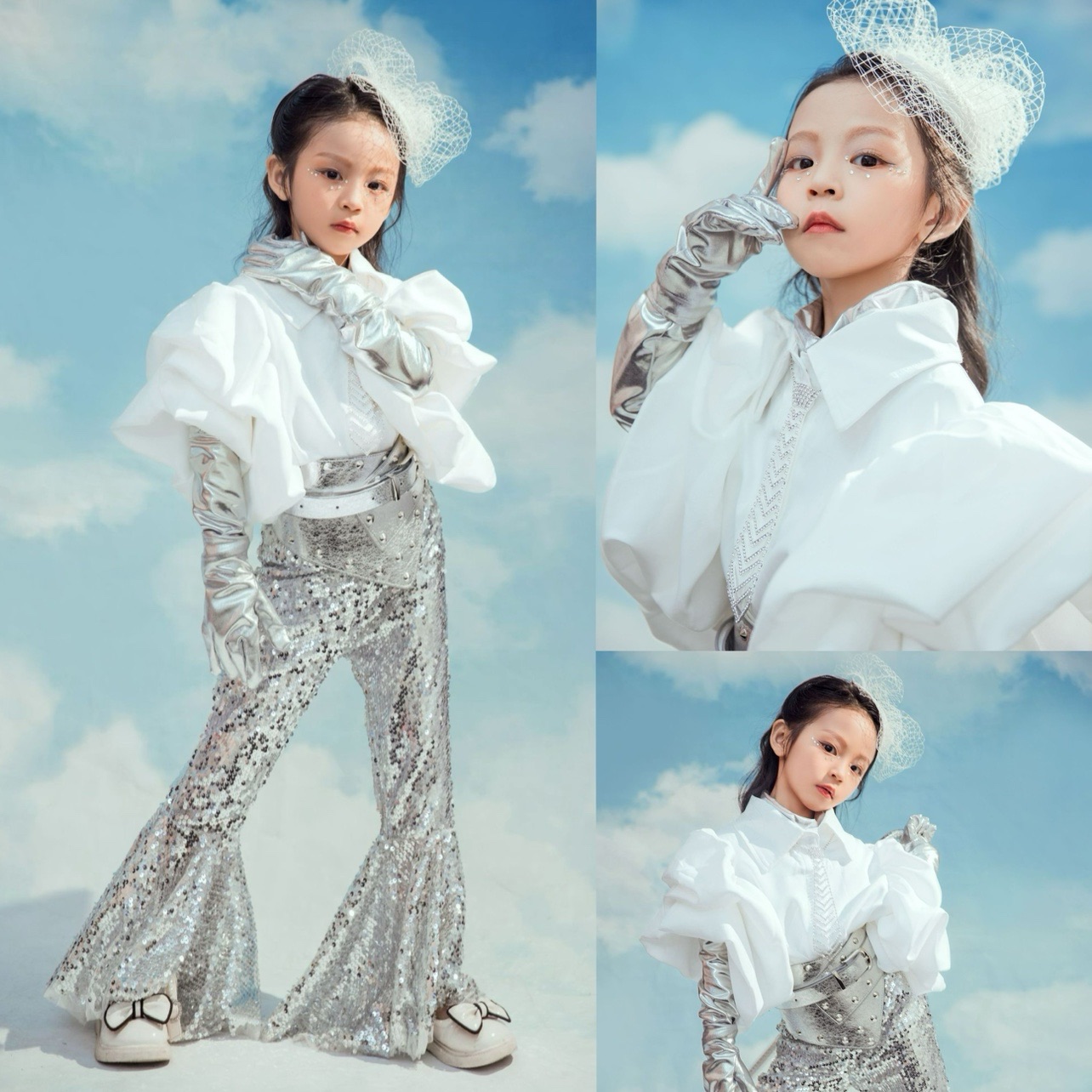 80复古港风女童银色亮片喇叭裤未来科技模卡演出服元宇宙T台走秀