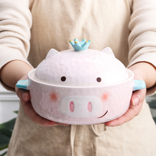 可爱陶瓷汤碗泡面碗皇冠猪带盖卡通日式 学生宿舍方便面碗家用大号