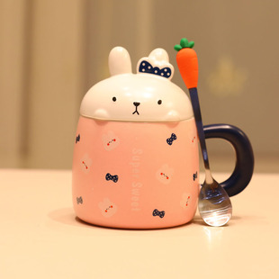 可爱兔子杯子带盖带勺子创意马克杯女生高颜值陶瓷水杯家用礼盒装