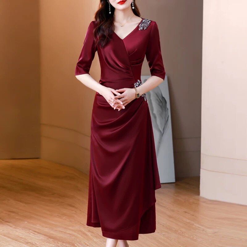 喜妈妈婚宴礼服高贵轻奢喜婆婆婚礼敬酒服红色裙子气质感连衣裙夏