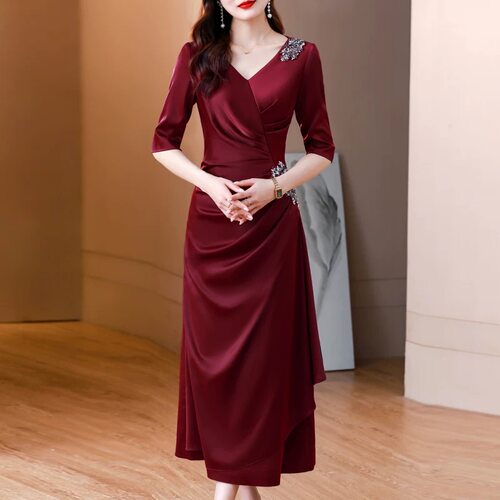 喜妈妈婚宴礼服高贵轻奢喜婆婆婚礼敬酒服红色裙子气质感连衣裙夏
