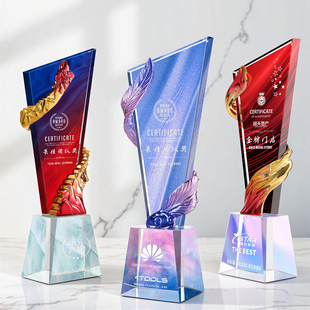 水晶奖杯定制刻字高档奖牌嘉奖纪念雄鹰造型飘带年会水琉璃工艺制