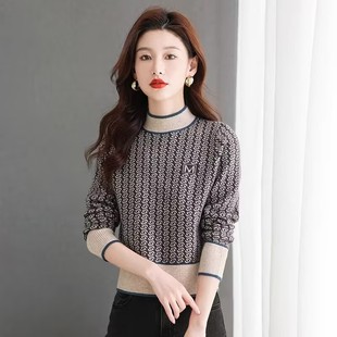 秋冬装 上衣 半高领拼色提花毛衣针织衫 女高级感软糯亲肤内搭打底衫
