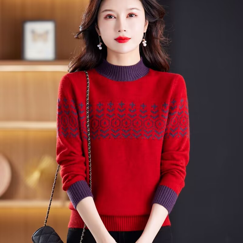 妈妈装本命年红色半高领提花毛衣女2024秋冬季过年喜庆针织打底衫