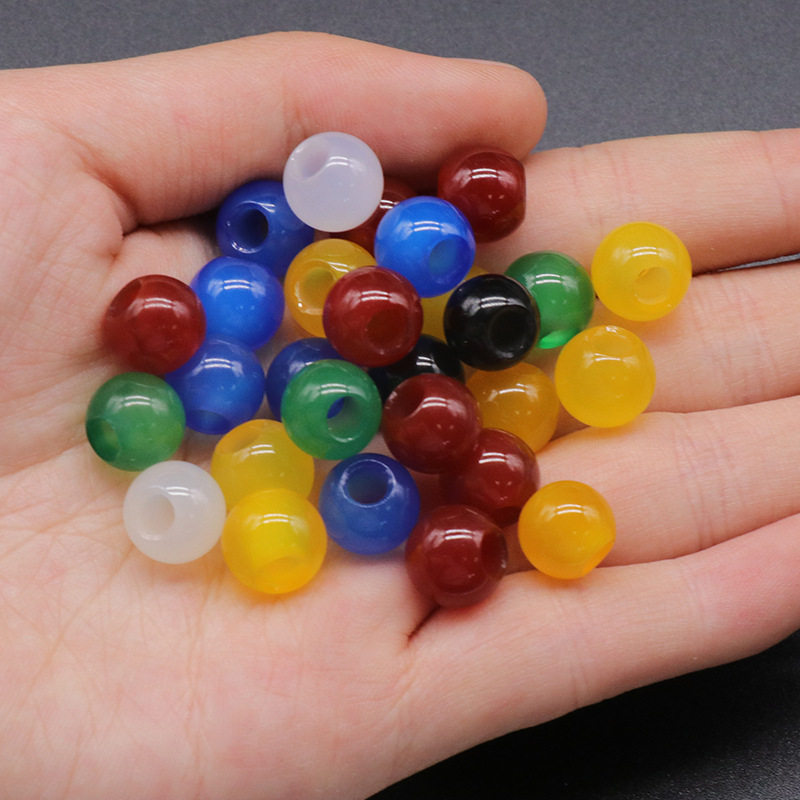 10mm孔径4mm蓝黄绿白红黑玛瑙圆珠大孔散珠DIY编织饰品配件
