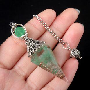 古银色水晶半宝石七彩碎石树脂灵摆 六角锥吊坠东陵玉项链