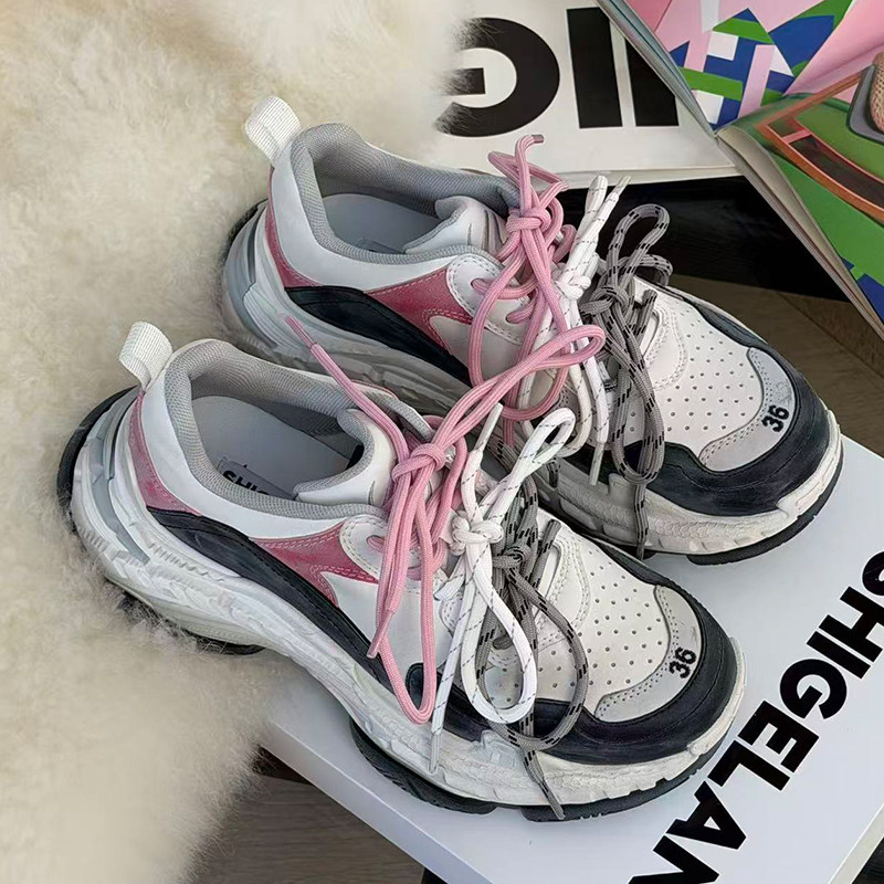 诗歌兰真皮老爹鞋女2026春季新款厚底增高轻便百搭拼色运动休闲鞋