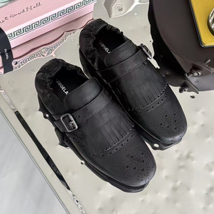 诗歌兰真皮德比鞋女2025秋季新款时尚百搭平底流苏扣带布洛克单鞋