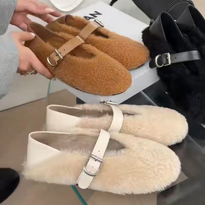 诗歌兰平底加绒一字扣玛丽珍单鞋