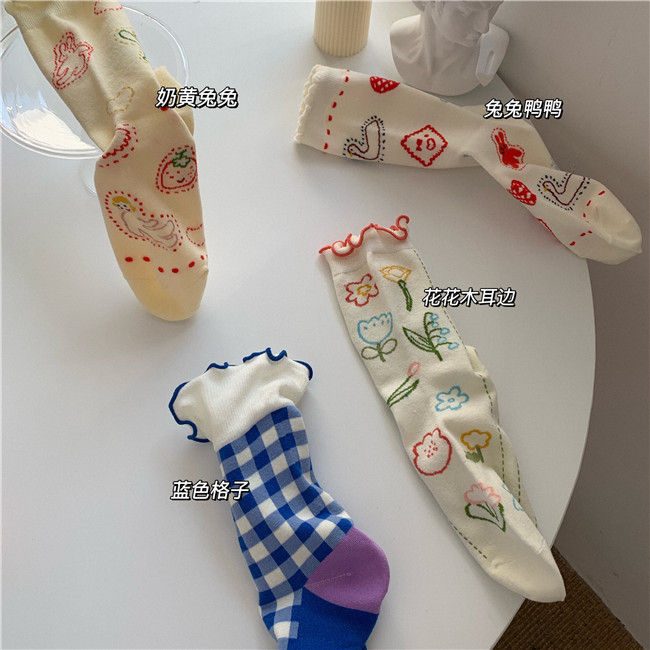 奶黄兔兔草莓/兔子鸭鸭可爱木耳边中筒袜卡通插画甜甜少女袜子,女士内衣/男士内衣/家居服,船袜,淘宝优惠券,粉丝福利购,淘宝优惠卷