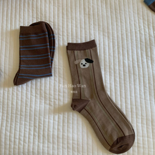 快乐商店～可爱生活咖啡小狗 秋冬咖色系中筒袜 小动物系列棉袜女