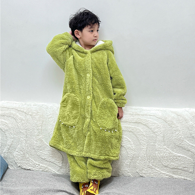 大眼仔秋冬季睡衣男童珊瑚绒睡袍加绒加厚保暖可外穿家居服浴袍