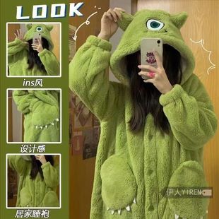 睡袍女秋冬款大眼仔加厚加绒珊瑚绒草莓熊可爱睡衣学生家居服套装