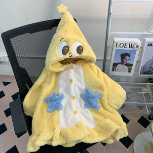 星星睡袍女秋冬季珊瑚绒加厚长款可爱连帽法兰绒家居服浴袍睡衣