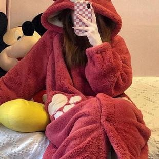 珊瑚绒睡袍可爱卡通女春季加绒加厚长款睡裤套装可外穿