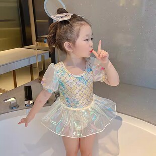 海边儿童泳装 女童泳衣夏季 女宝宝连体游泳衣服小女孩洋气泡泡袖