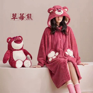 睡衣女款秋冬季草莓熊2025新款珊瑚绒加厚长款可爱睡袍浴袍家居服
