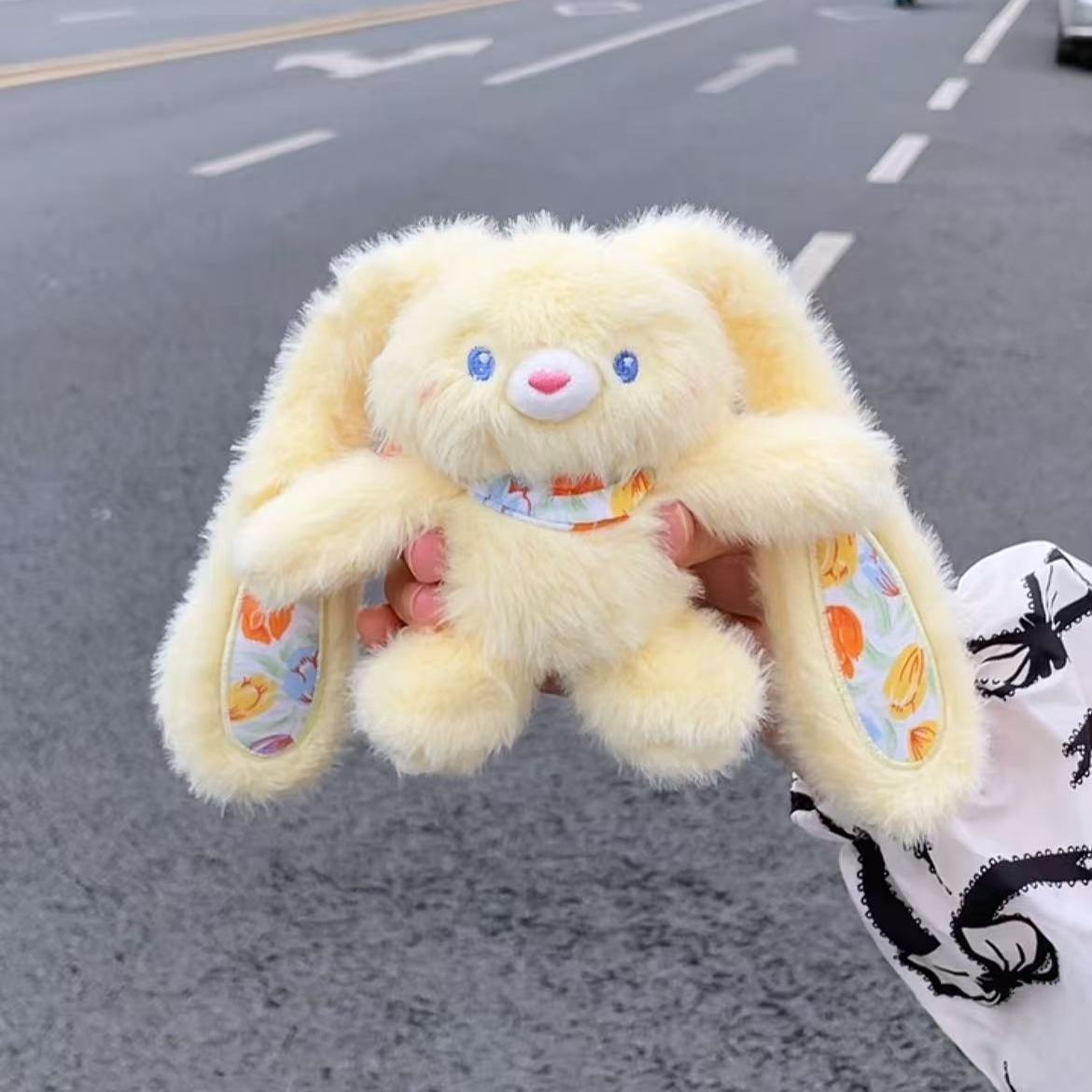 可爱碎花拉耳兔毛绒公仔兔子耳朵可拉伸钥匙扣趣味抽拉玩偶情侣