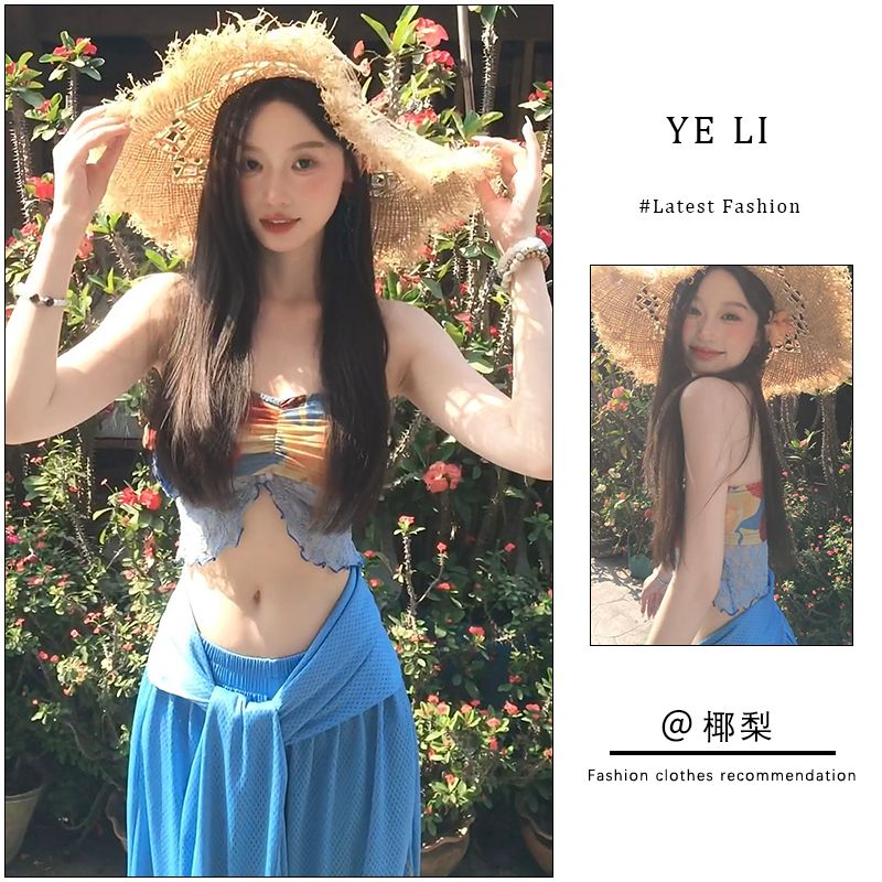 套装女2025春夏新款海边度假风纯欲性感辣妹抹胸上衣休闲阔腿长裤