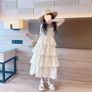 夏季 海边度假连衣裙高级感女童初中生小个子裙子新款 儿童蛋糕裙大