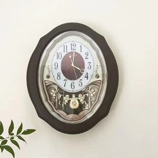 日本RHYTHM丽声实木挂钟客厅卧室欧式田园水晶钟摆音乐钟表894