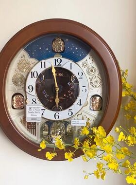 日本精工SEIKO魔幻音乐实木高档施华洛挂钟烟花北欧客厅静音钟376