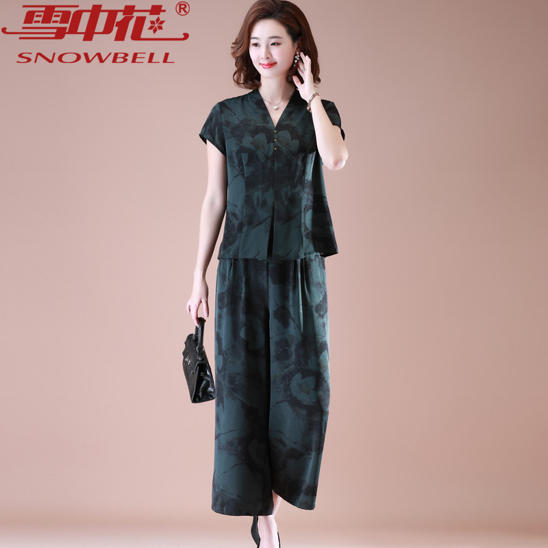 妈妈夏装短袖T恤洋气阔腿裤职业套装中老年女装减龄醋酸缎两件套