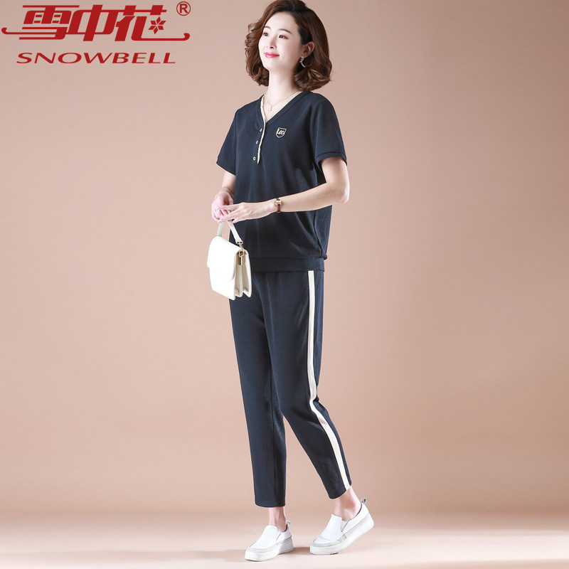 新款妈妈夏装洋气宽松大码母亲节短袖中老年女休闲运动服两件套装