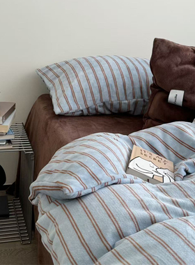 蓝色条纹混搭保暖牛奶绒三四件套床单笠单双人被套秋冬季床上用品