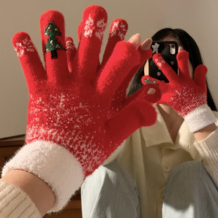 可爱雪花圣诞节露指触屏毛绒针织五指手套女冬季保暖加绒加厚防寒