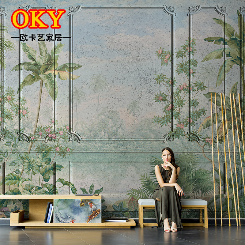 贝众法式复古风热带植物壁纸客厅沙发背景墙纸3d立体壁画卧室墙布