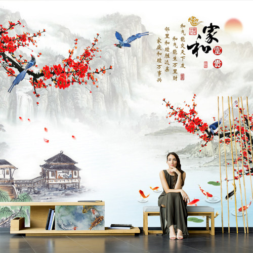 3D壁画新中式水墨山水画电视背景墙红梅卧室墙布客厅家和花鸟壁纸