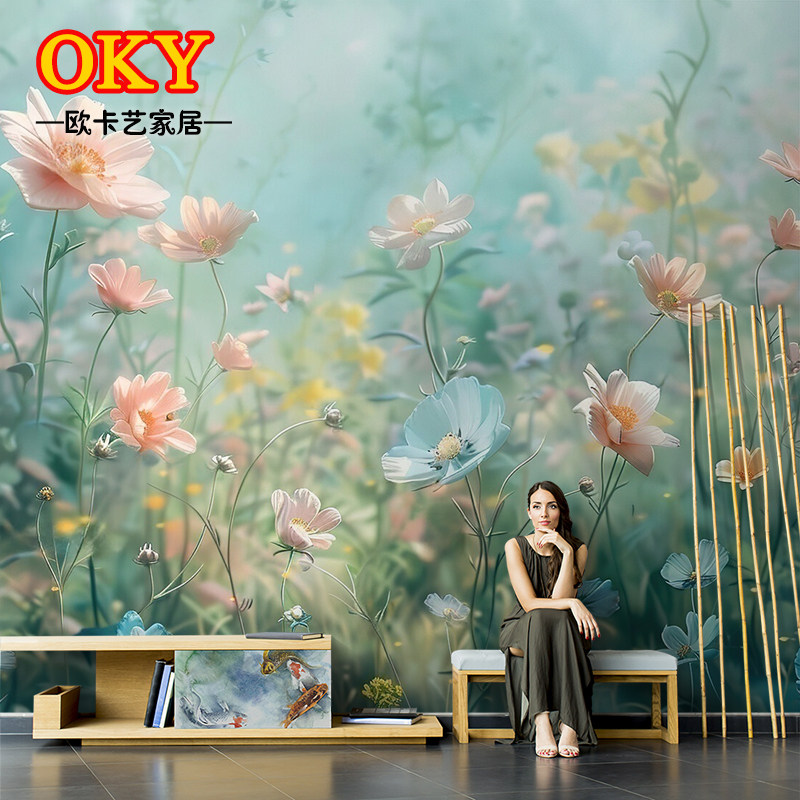 手绘花卉现代抽象美式复古客厅电视背景墙纸无缝沙发壁纸壁画墙布