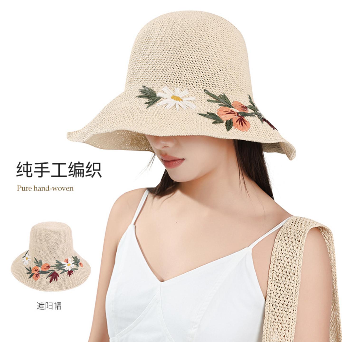 草帽女手工刺绣花朵夏季草编防晒