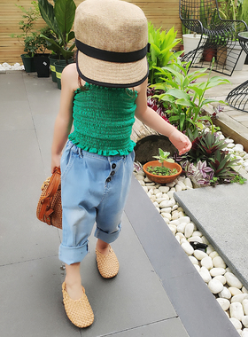 小蜜糖 女童夏季新款绿色打揽抹胸背心洗水浅蓝色百搭牛仔裤