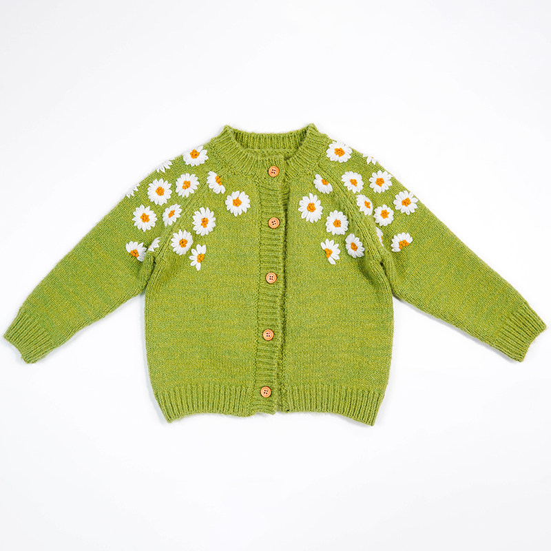 小蜜糖童装小雏菊女童开衫女宝宝针织重工立体花朵刺绣绿色外套潮