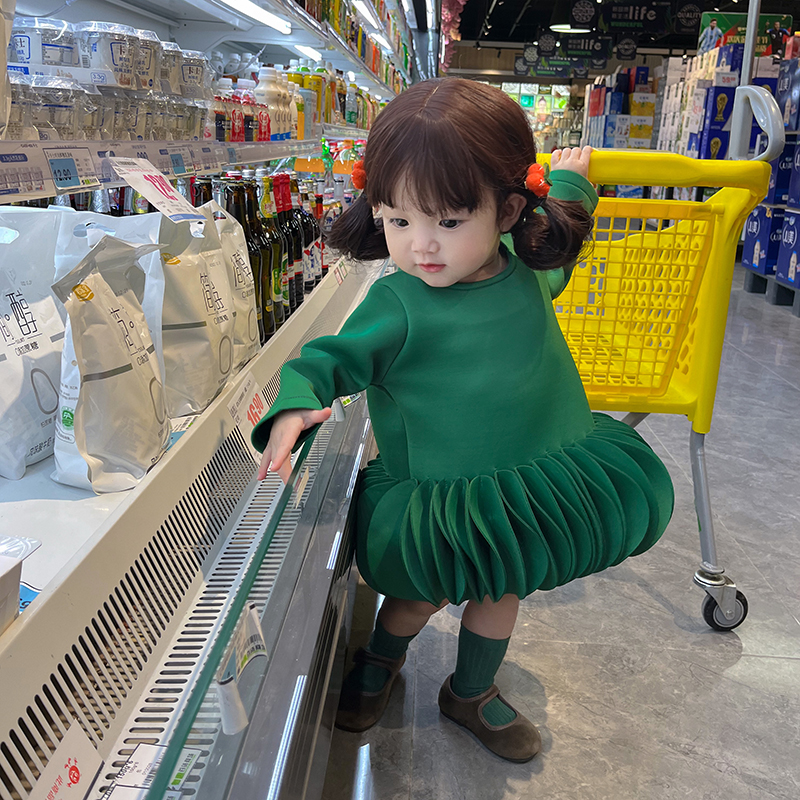 小蜜糖童装女童圣诞绿色连衣裙