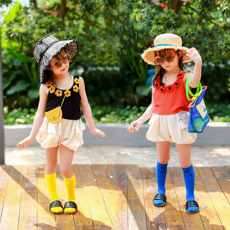 小蜜糖童装夏季新款无袖手工绣花背心女童洋气时尚荷叶边花苞短裤