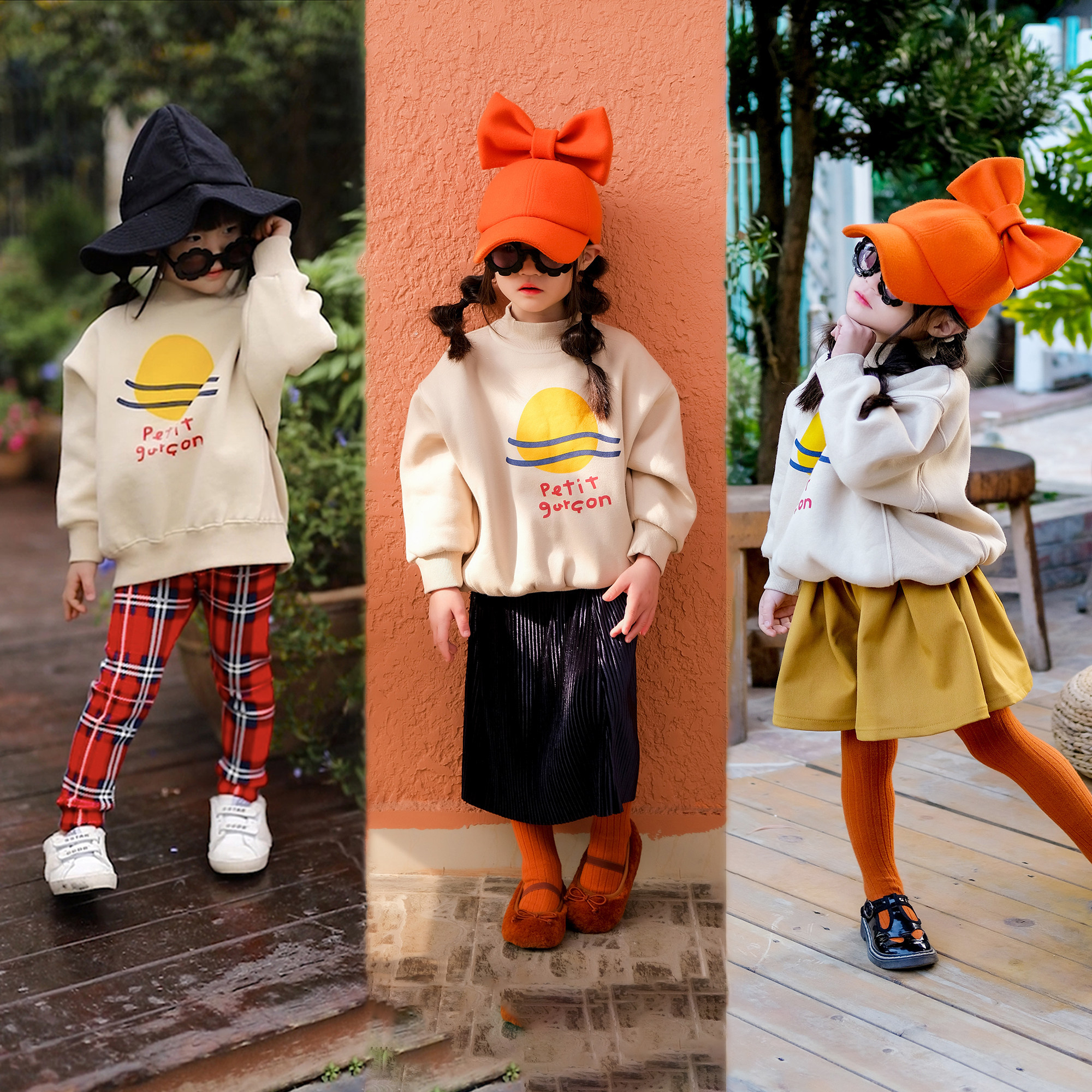 小蜜糖童装冬季新款百搭加绒加厚卫衣丝绒连衣裙姜黄色裤裙女童潮