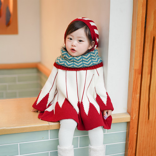 女童圣诞条纹斗篷毛衣秋装