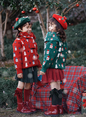 小蜜糖童装女童圣诞毛衣套装儿童绿色针织衣服宝宝圣诞节服装红色