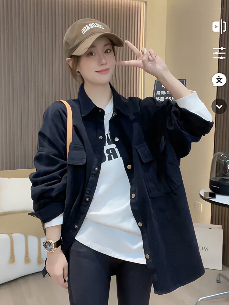 韩版双口袋慵懒风小众衬衣外套女秋季新款小众宽松中长款百搭衬衫
